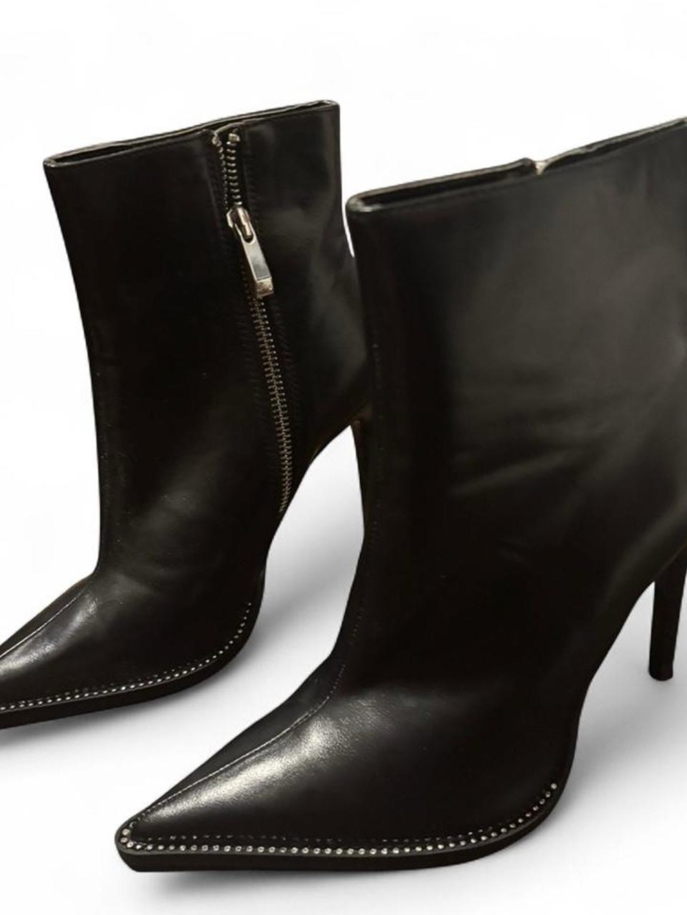 ZARA Black Leather Pointed Toe Ankle Boots with Side Zip and studded details